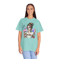 Cool Mombie with Coffee Peace Tattoo - Comfort Colors | Trendy Women's T-Shirt. Direct to Garment. Printed & Shipped in the USA. Unisex Sizes.