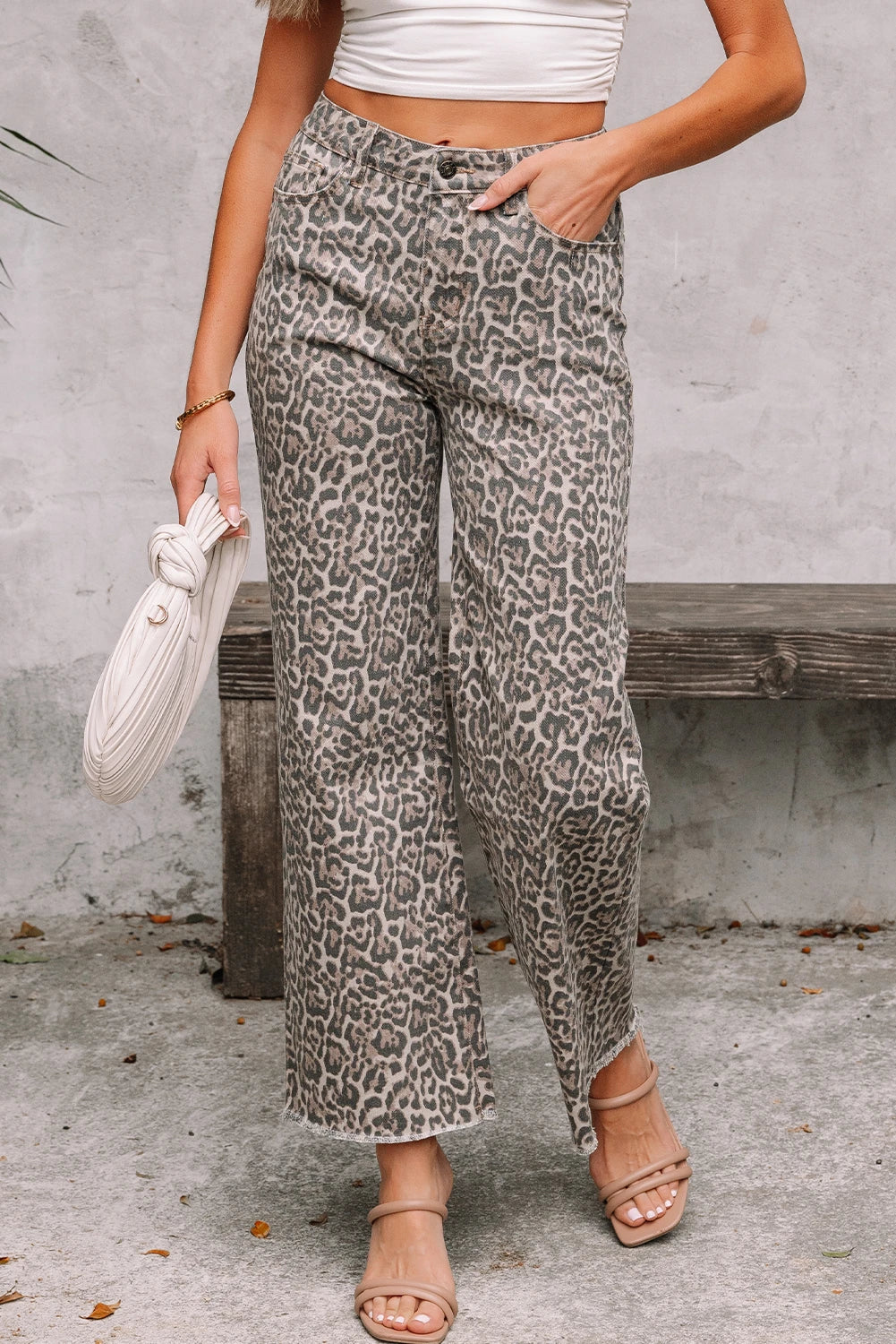 High-Rise Brown Leopard Frayed Edge Wide Leg Jeans