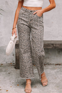 High-Rise Brown Leopard Frayed Edge Wide Leg Jeans