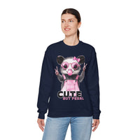 Cute But Feral, Possum in Pink Bibs – Gildan Heavy Blend | Trendy Women’s Soft Sweatshirt. Direct to Garment. Printed & Shipped in the USA. Unisex Sizes.