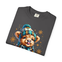 Winter Baby Highland Cow with Cocoa  - Comfort Colors | Trendy Women's T-Shirt. Direct to Garment. Printed & Shipped in the USA. Unisex Sizes.