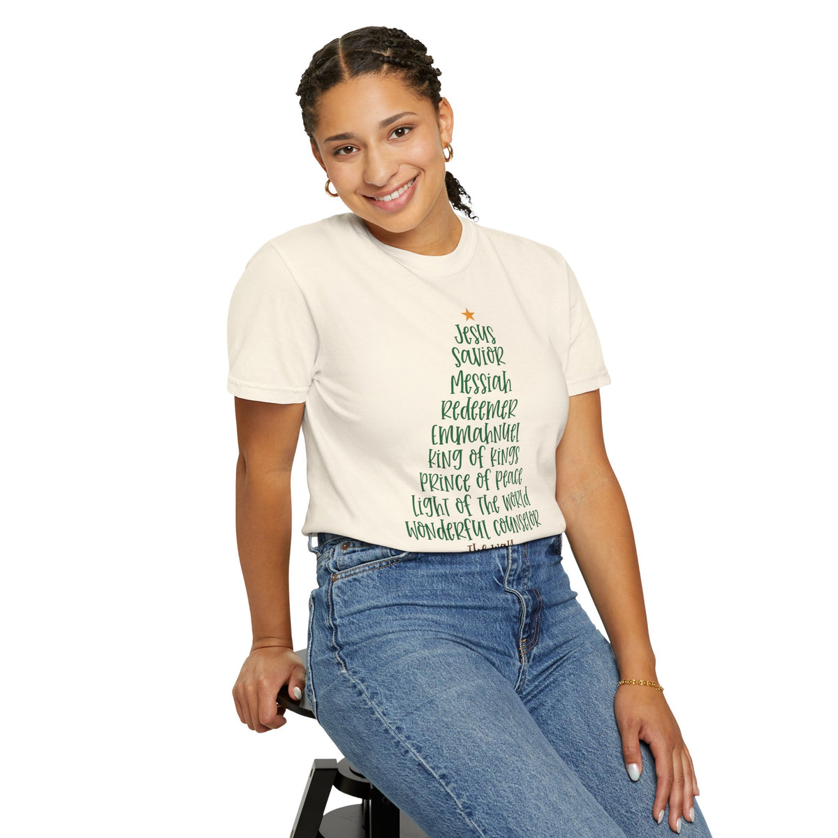 Jesus Name Christmas Tree - Comfort Colors | Trendy Women's T-Shirt. Direct to Garment. Printed & Shipped in the USA. Unisex Sizes.