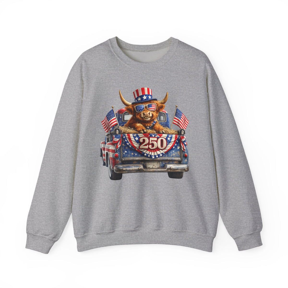 Patriotic Highland, America's 250th Birthday – Gildan Heavy Blend | Trendy Women’s and Men's Soft Sweatshirt. Direct to Garment. Printed & Shipped in the USA. Unisex Sizes.