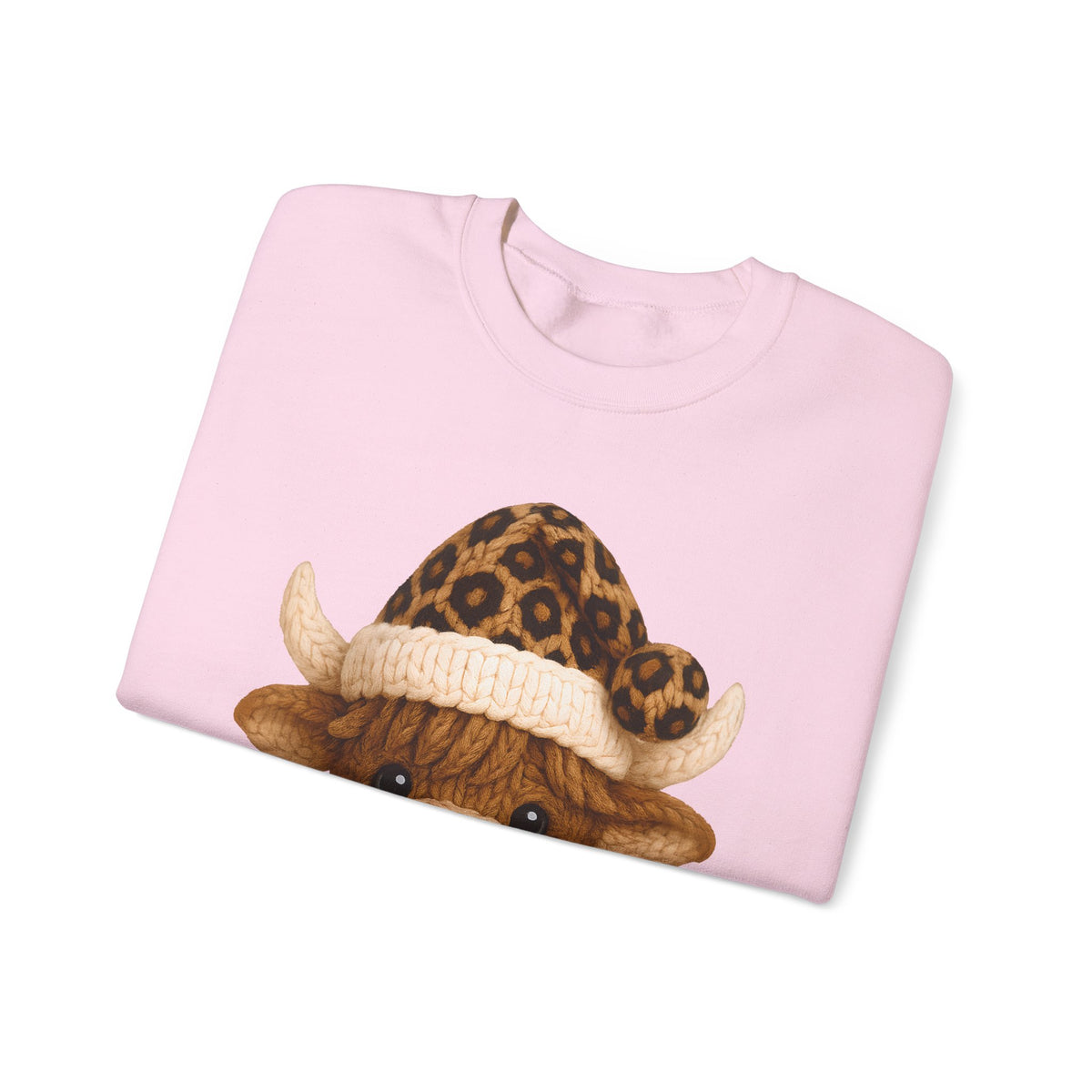 Cute Highland Cow with Leopard Santa Hat Christmas – Gildan Heavy Blend | Trendy Women’s Soft Sweatshirt. Direct to Garment. Printed & Shipped in the USA. Unisex Sizes.