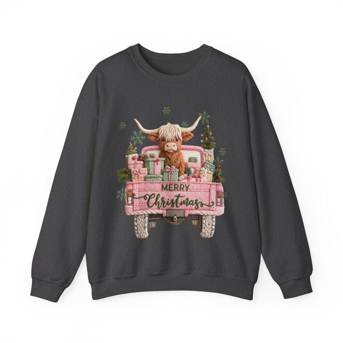 Highland Cow in Pink Truck Merry Christmas Holiday Farmhouse – Gildan Heavy Blend | Trendy Women’s Soft Sweatshirt. Direct to Garment. Printed & Shipped in the USA. Unisex Sizes.