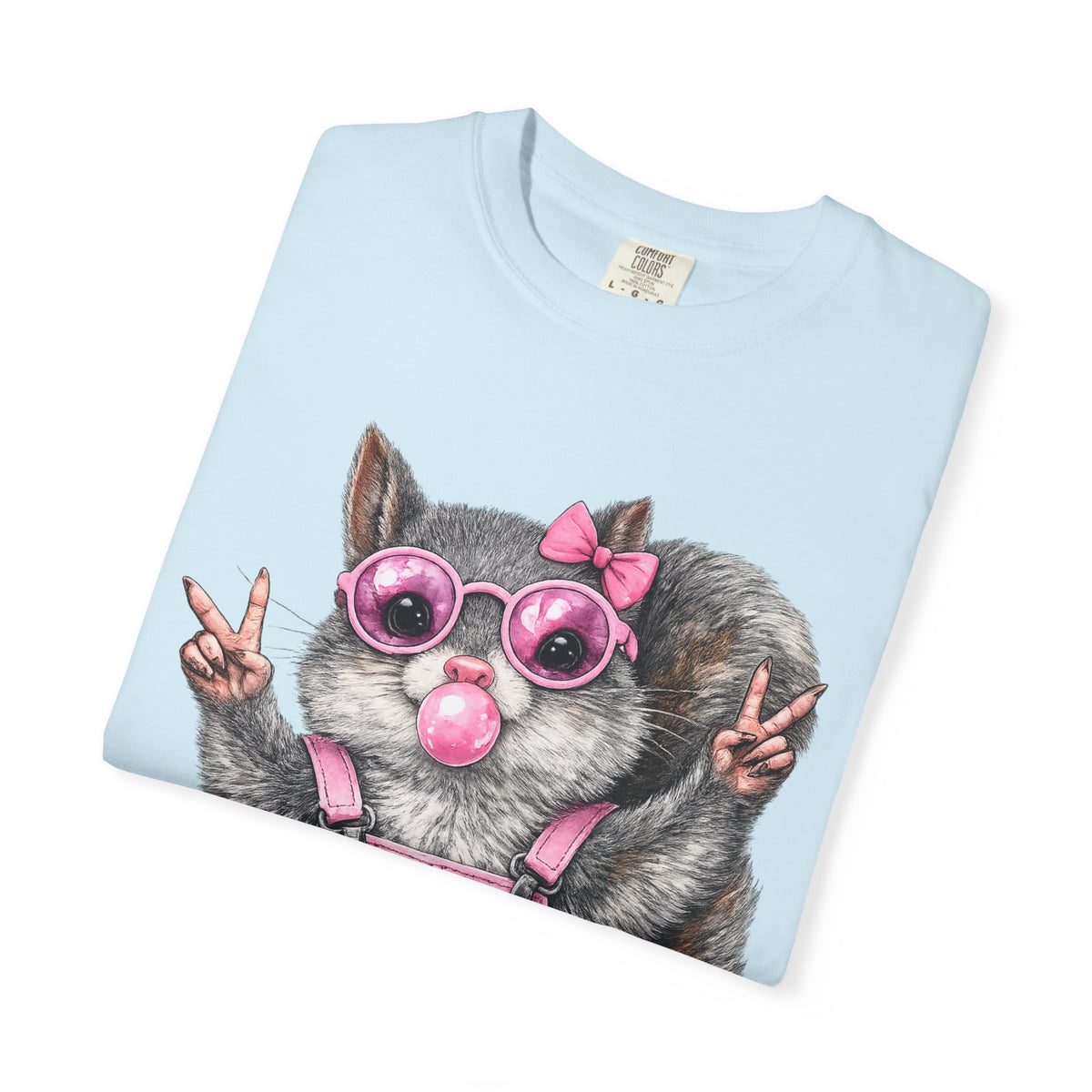 Cute But Feral, Squirrel in Pink Bibs - Comfort Colors | Trendy Women's T-Shirt. Direct to Garment. Printed & Shipped in the USA. Unisex Sizes.