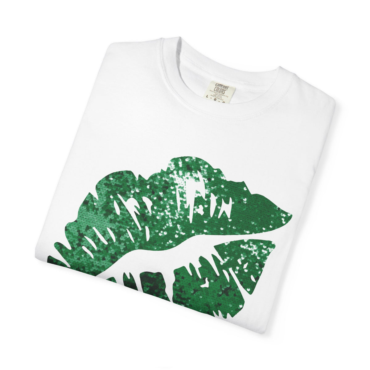 Green Faux Glitter Kiss - Comfort Colors | Trendy Women's T-Shirt. Direct to Garment. Printed & Shipped in the USA. Unisex Sizes.
