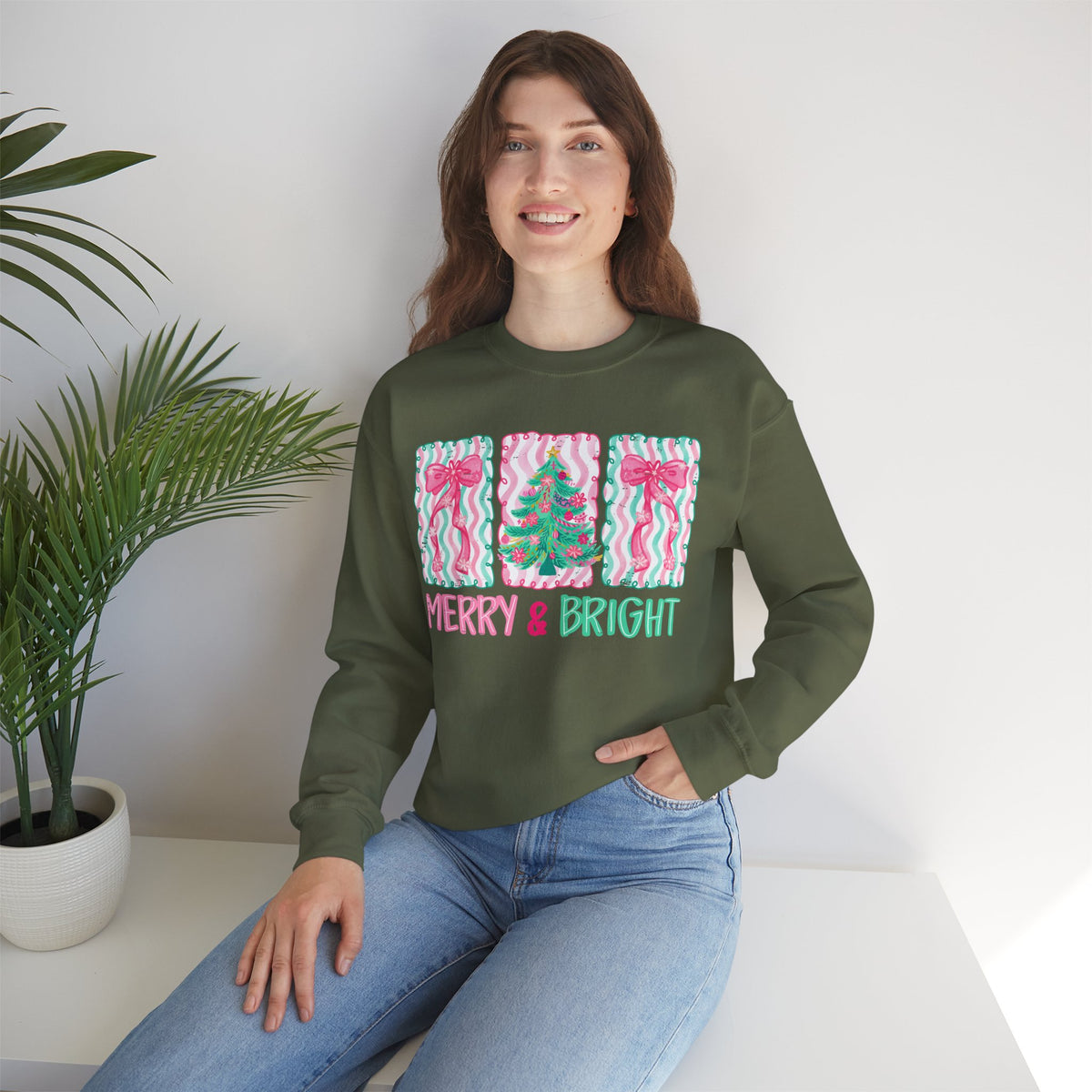 Merry & Bright Christmas - Pink & Green Holiday Tree Design – Gildan Heavy Blend | Trendy Women’s Soft Sweatshirt. Direct to Garment. Printed & Shipped in the USA. Unisex Sizes.