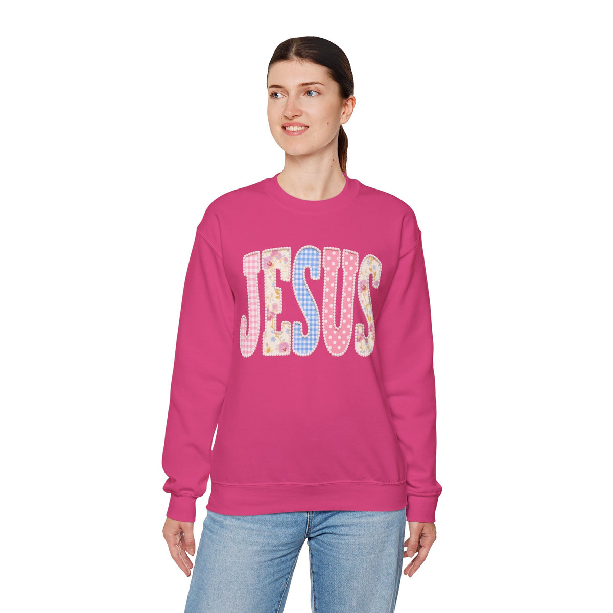 JESUS Pastel Faux Patchwork – Gildan Heavy Blend | Trendy Women’s Soft Sweatshirt. Direct to Garment. Printed & Shipped in the USA. Unisex Sizes.