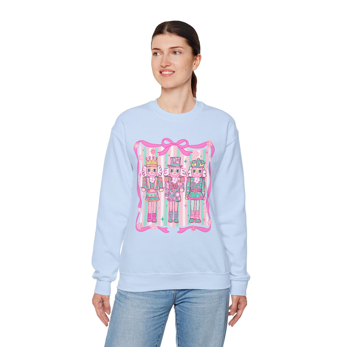 Coquette Pastel Christmas Nutcracker Trio Pink and Green – Gildan Heavy Blend | Trendy Women’s Soft Sweatshirt. Direct to Garment. Printed & Shipped in the USA. Unisex Sizes.