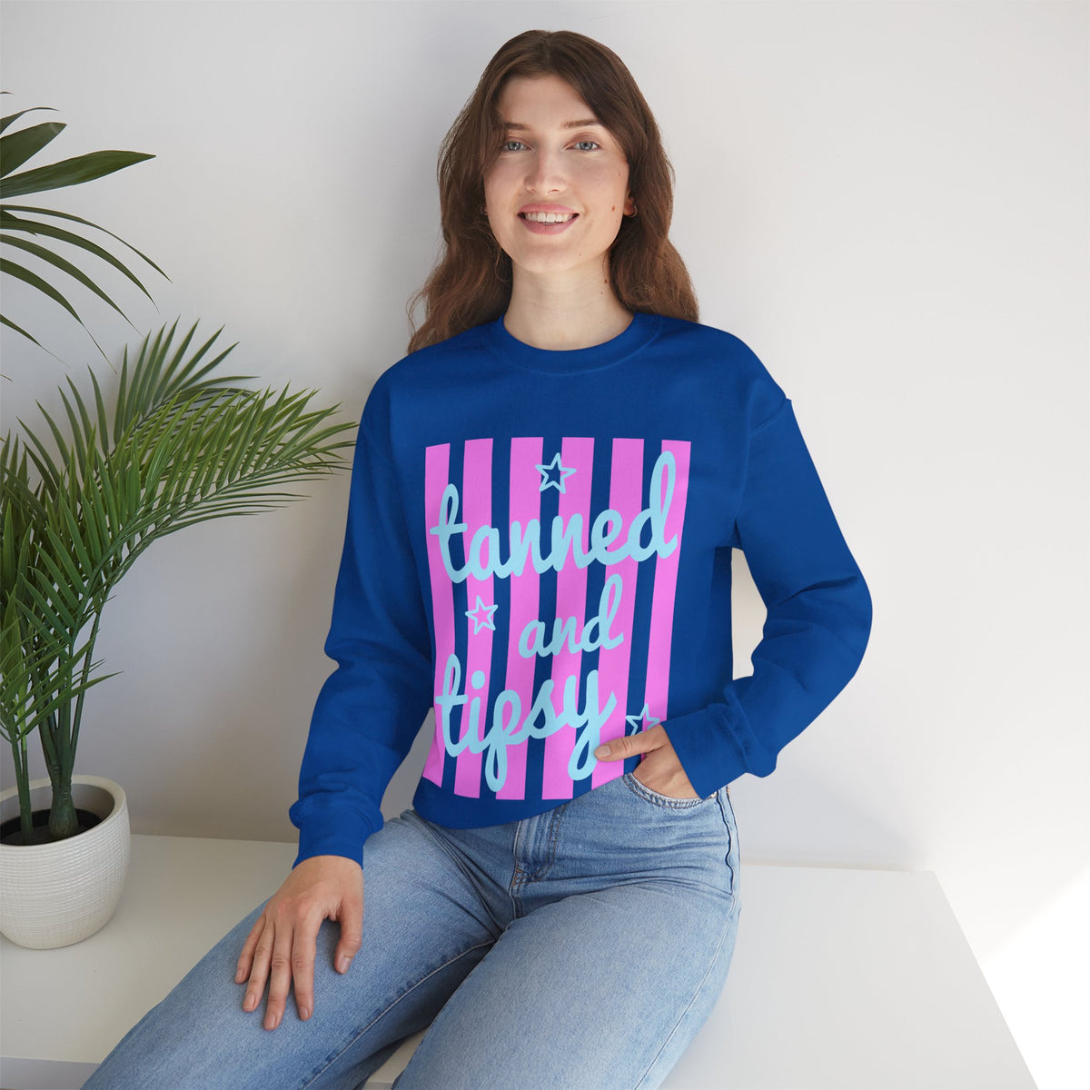 Tanned and Tipsy – Gildan Heavy Blend | Trendy Women’s Soft Sweatshirt. Direct to Garment. Printed & Shipped in the USA. Unisex Sizes.
