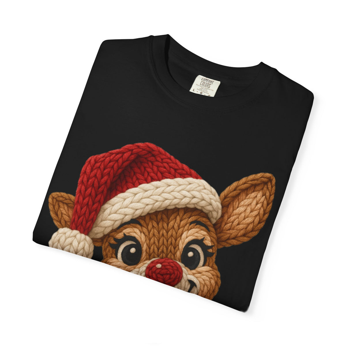 Cute Rudolph Faux Knit Look Reindeer w/Santa Hat - Comfort Colors | Trendy Women's T-Shirt. Direct to Garment. Printed & Shipped in the USA. Unisex Sizes.