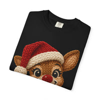 Cute Rudolph Faux Knit Look Reindeer w/Santa Hat - Comfort Colors | Trendy Women's T-Shirt. Direct to Garment. Printed & Shipped in the USA. Unisex Sizes.