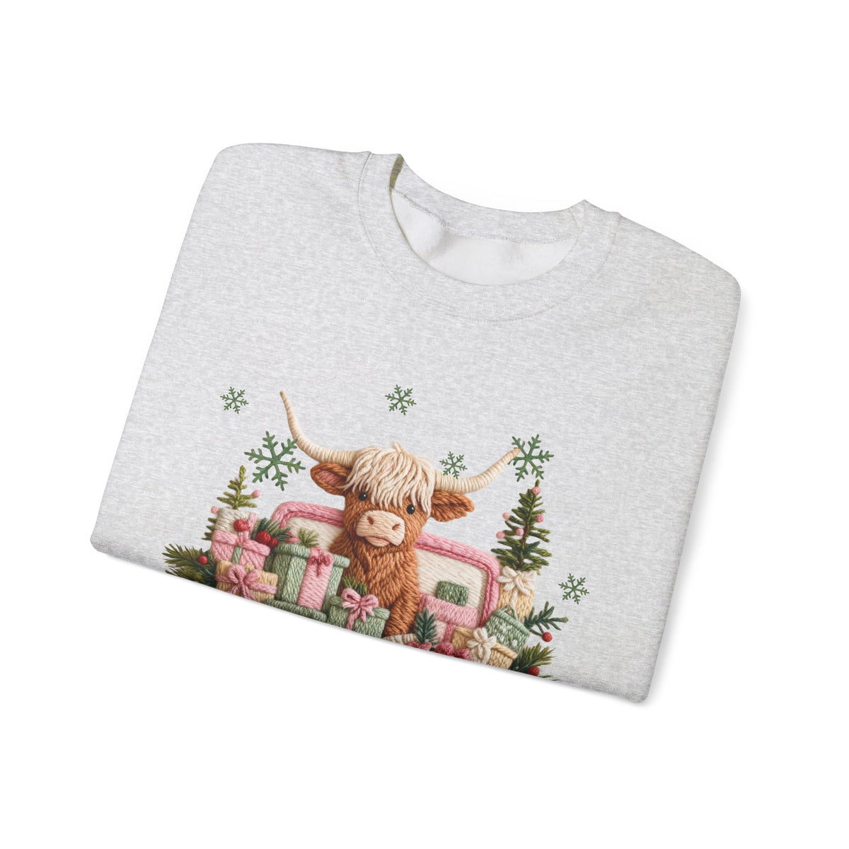 Highland Cow in Pink Truck Merry Christmas Holiday Farmhouse – Gildan Heavy Blend | Trendy Women’s Soft Sweatshirt. Direct to Garment. Printed & Shipped in the USA. Unisex Sizes.