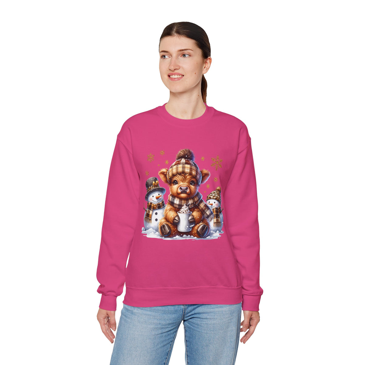 Cute Highland Cow with Snowmen, Winter – Gildan Heavy Blend | Trendy Women’s Soft Sweatshirt. Direct to Garment. Printed & Shipped in the USA. Unisex Sizes.