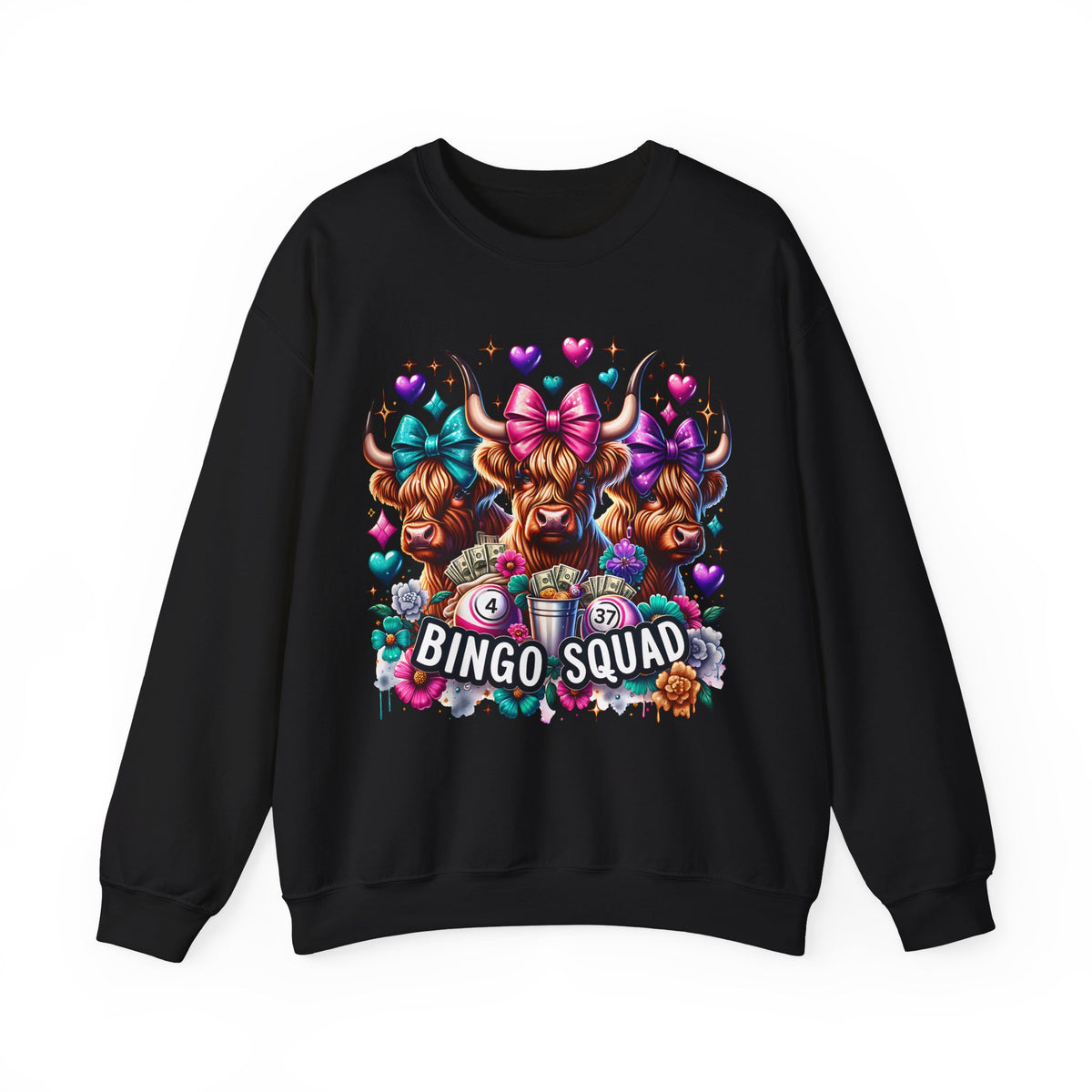 Cute Highland Cows Bingo Squad – Gildan Heavy Blend | Trendy Women’s Soft Sweatshirt. Direct to Garment. Printed & Shipped in the USA. Unisex Sizes.
