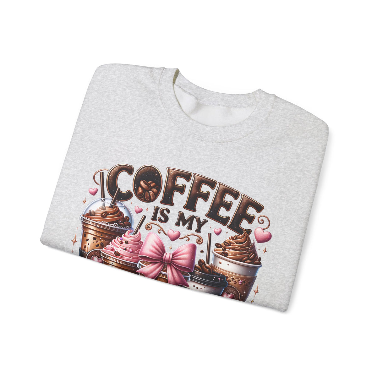 Coffee Is My Soul Food, Iced Coffee, Pink Bow – Gildan Heavy Blend | Trendy Women’s Soft Sweatshirt. Direct to Garment. Printed & Shipped in the USA. Unisex Sizes.