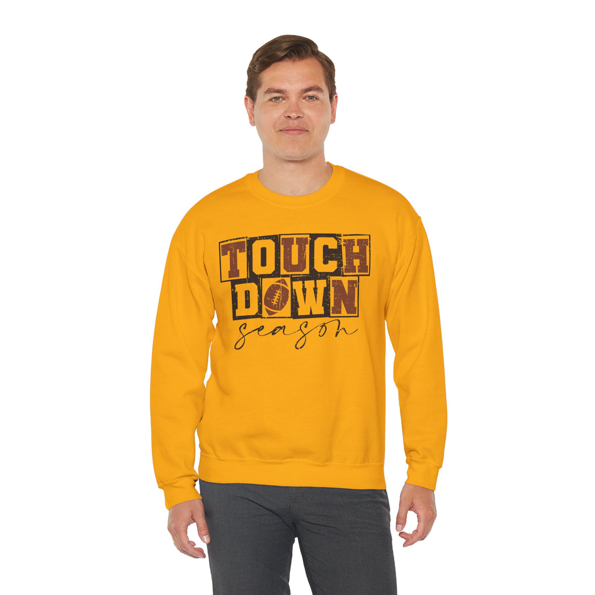 Touchdown Season - Distressed – Gildan Heavy Blend | Trendy Men's and Women’s Soft Sweatshirt. Direct to Garment. Printed & Shipped in the USA. Unisex Sizes.