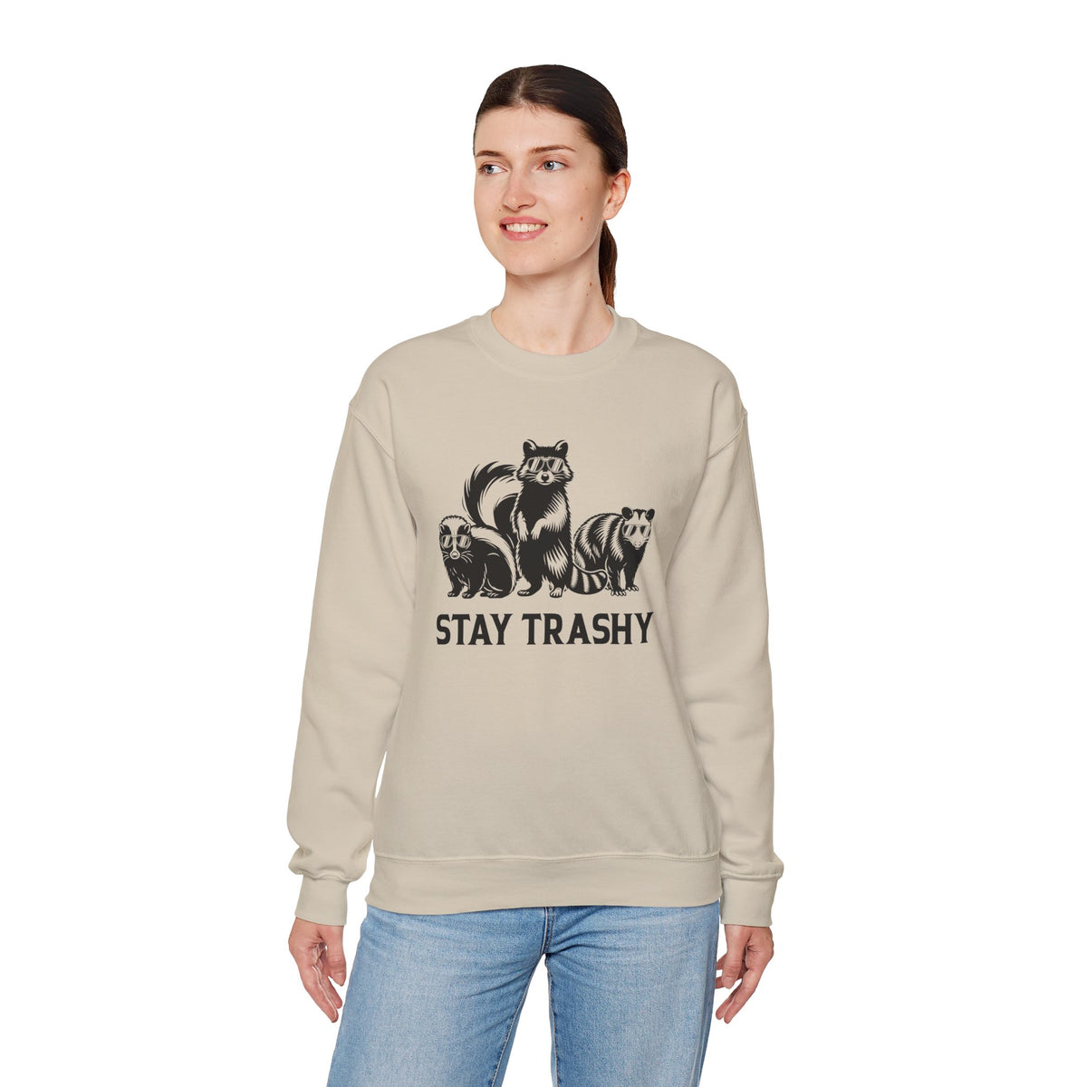 Stay Trashy, Skunk Raccoon Possum – Gildan Heavy Blend | Trendy Women’s and Men's Soft Sweatshirt. Direct to Garment. Printed & Shipped in the USA. Unisex Sizes.