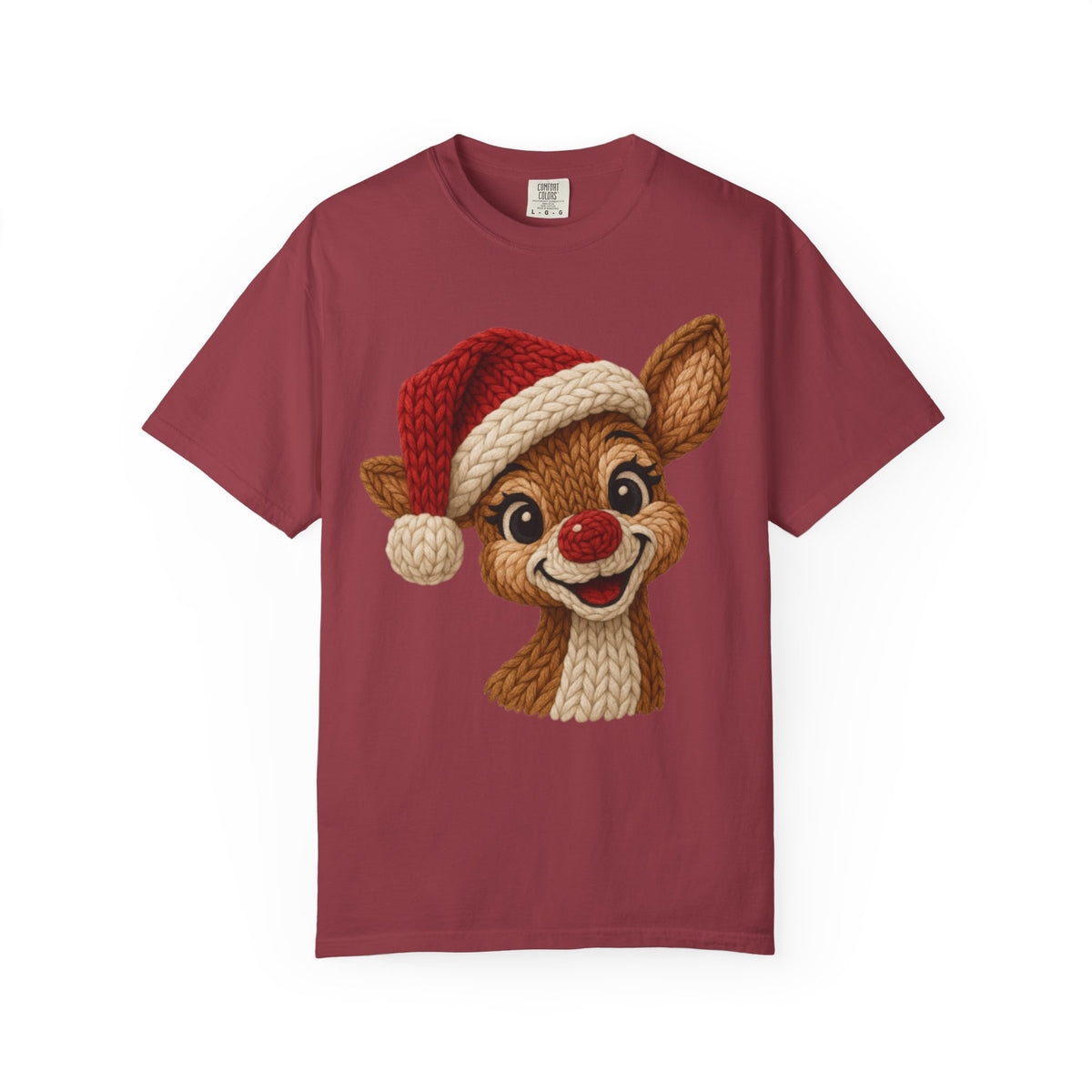 Cute Rudolph Faux Knit Look Reindeer w/Santa Hat - Comfort Colors | Trendy Women's T-Shirt. Direct to Garment. Printed & Shipped in the USA. Unisex Sizes.