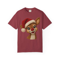 Cute Rudolph Faux Knit Look Reindeer w/Santa Hat - Comfort Colors | Trendy Women's T-Shirt. Direct to Garment. Printed & Shipped in the USA. Unisex Sizes.