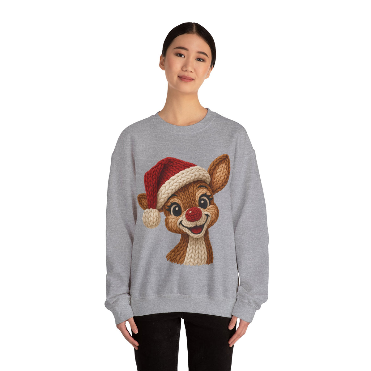 Cute Rudolph Faux Knit Look Reindeer w/Santa Hat – Gildan Heavy Blend | Trendy Women’s Soft Sweatshirt. Direct to Garment. Printed & Shipped in the USA. Unisex Sizes.