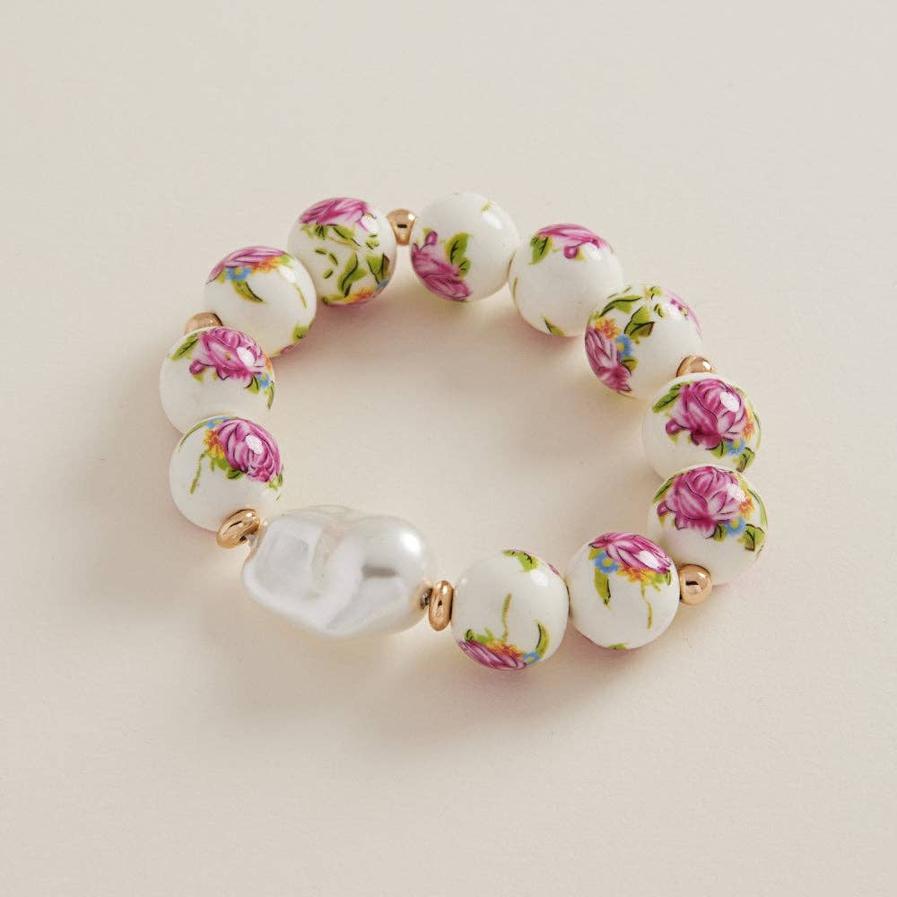 CeramicBracelet w/Floral (Pink) Beads & Organic Shaped Pearl