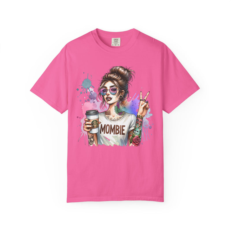 Cool Mombie with Coffee Peace Tattoo - Comfort Colors | Trendy Women's T-Shirt. Direct to Garment. Printed & Shipped in the USA. Unisex Sizes.