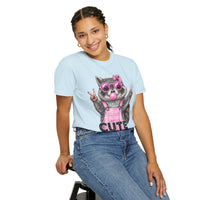 Cute But Feral, Raccoon in Pink Bibs - Comfort Colors | Trendy Women's T-Shirt. Direct to Garment. Printed & Shipped in the USA. Unisex Sizes.
