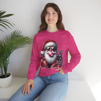 Biker Santa Leather Jacket Bubblegum – Gildan Heavy Blend | Trendy Women’s and Men's Soft Sweatshirt. Direct to Garment. Printed & Shipped in the USA. Unisex Sizes.
