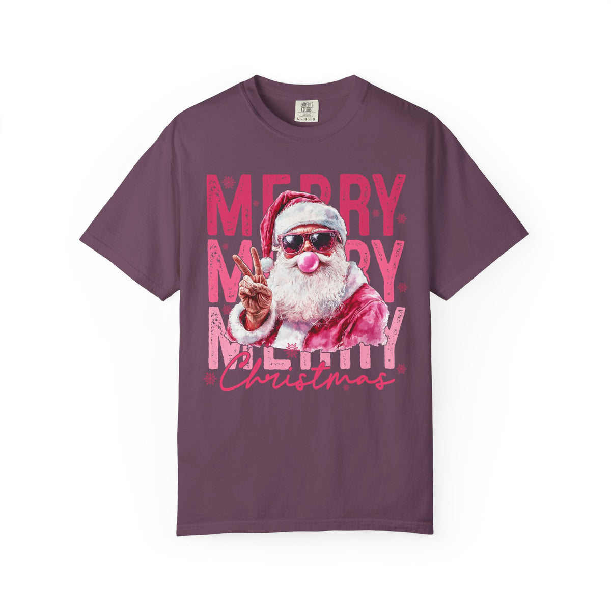Pink Merry Christmas Bubblegum Santa - Comfort Colors | Trendy Women's T-Shirt. Direct to Garment. Printed & Shipped in the USA. Unisex Sizes.