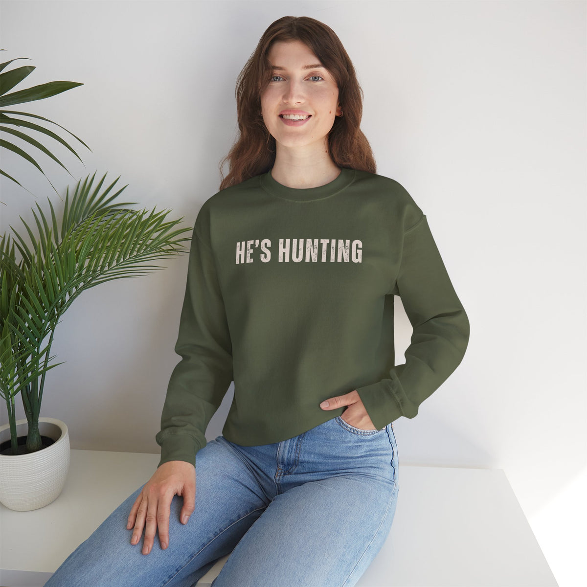 He's Hunting - Distressed – Gildan Heavy Blend | Trendy Women’s Soft Sweatshirt. Direct to Garment. Printed & Shipped in the USA. Unisex Sizes.