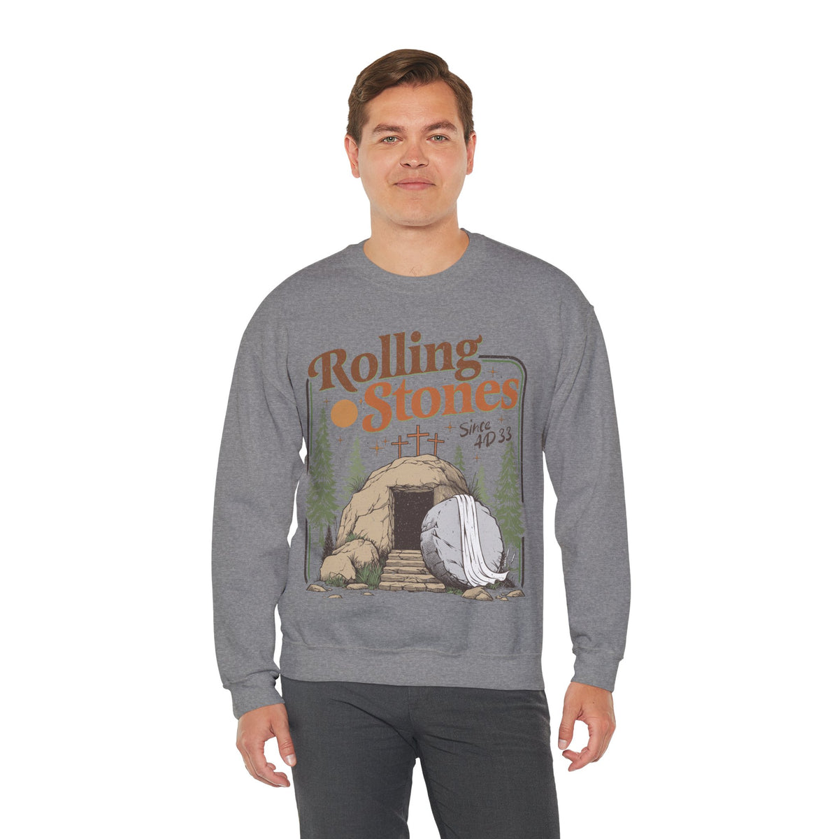 Rolling Stones "Since AD33" Easter Empty Tomb Christian – Gildan Heavy Blend | Trendy Men's and Women’s Soft Sweatshirt. Direct to Garment. Printed & Shipped in the USA. Unisex Sizes.