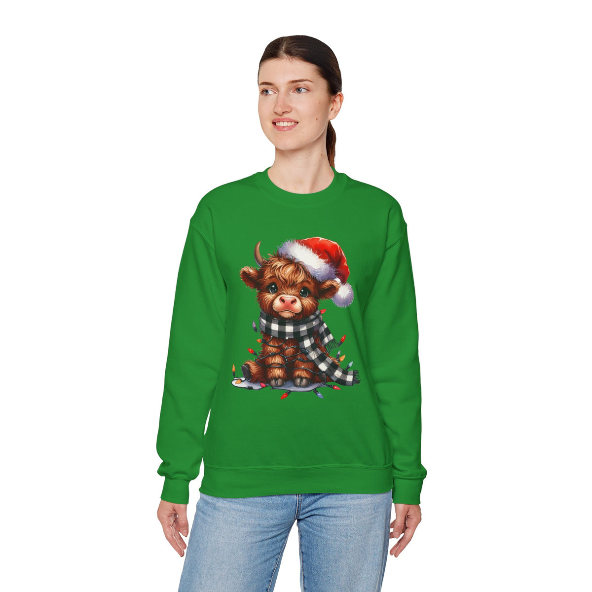 Cute Highland Cow Santa Hat Scarf Christmas Lights – Gildan Heavy Blend | Trendy Women’s Soft Sweatshirt. Direct to Garment. Printed & Shipped in the USA. Unisex Sizes.