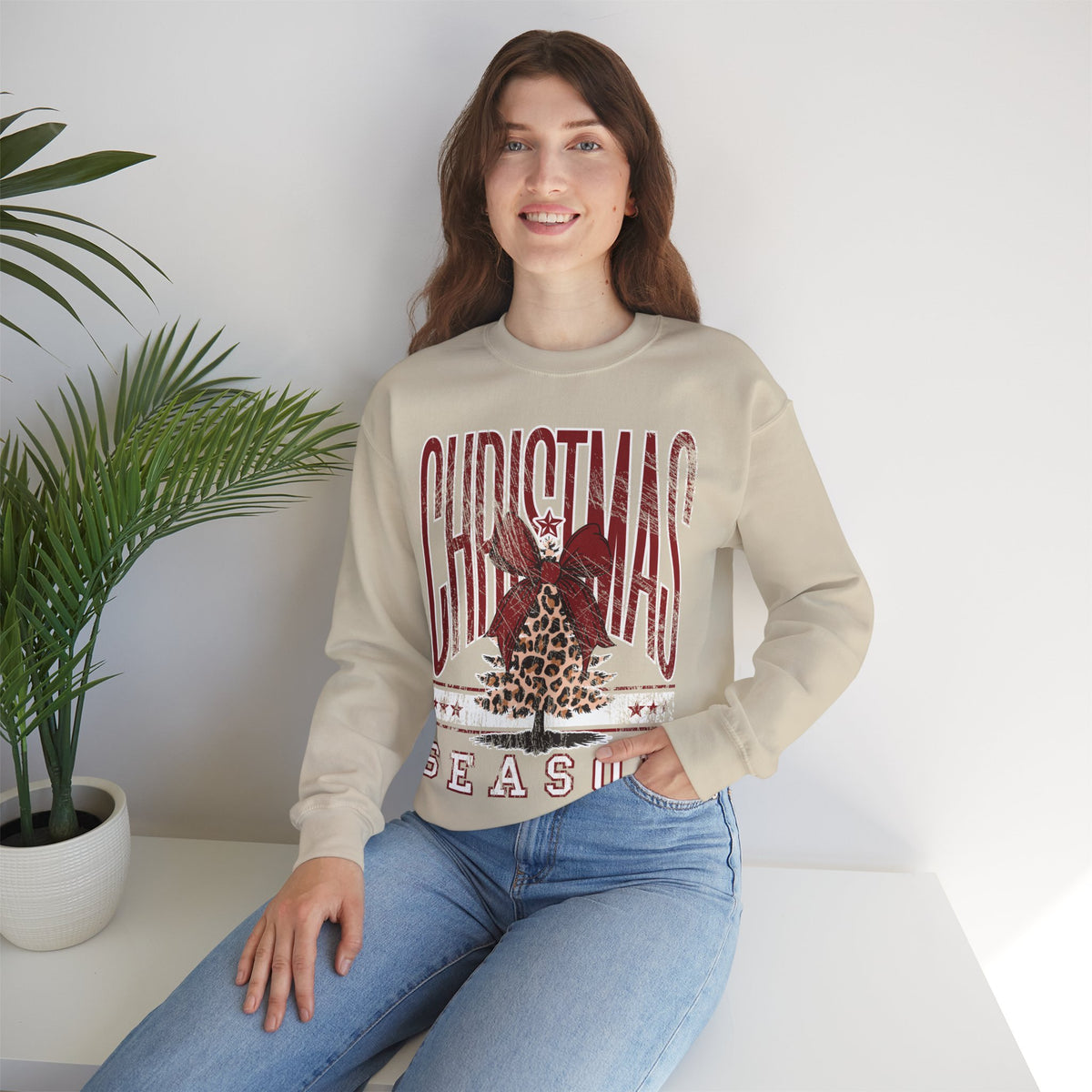 Christmas Season Leopard Tree Distressed – Gildan Heavy Blend | Trendy Women’s Soft Sweatshirt. Direct to Garment. Printed & Shipped in the USA. Unisex Sizes.