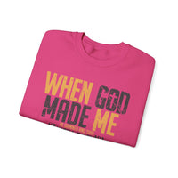 When God Made Me "This'll Be Fun" Christian Faith Distressed – Gildan Heavy Blend | Trendy Women’s and Men's Soft Sweatshirt. Direct to Garment. Printed & Shipped in the USA. Unisex Sizes.