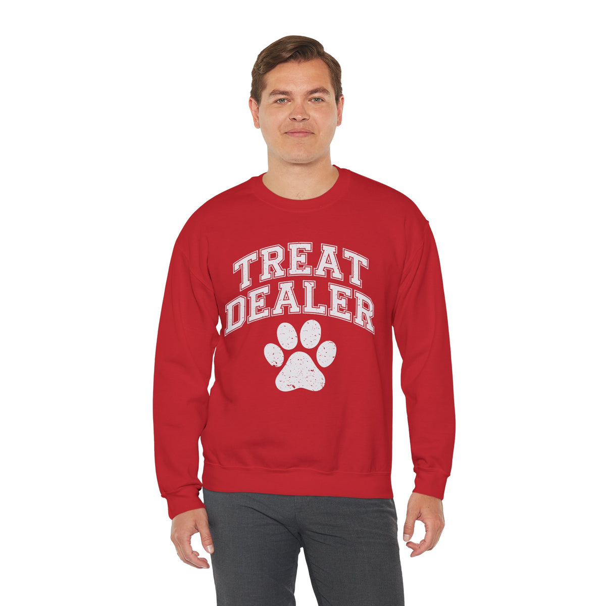 Treat Dealer, Dog Lover – Gildan Heavy Blend | Trendy Men's and Women’s Soft Sweatshirt. Direct to Garment. Printed & Shipped in the USA. Unisex Sizes.