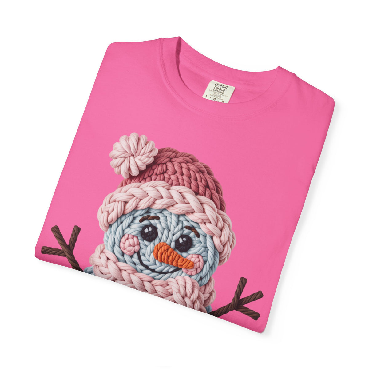 Cute Yarn Snowman - Pink Scarf - Comfort Colors | Trendy Women's T-Shirt. Direct to Garment. Printed & Shipped in the USA. Unisex Sizes.