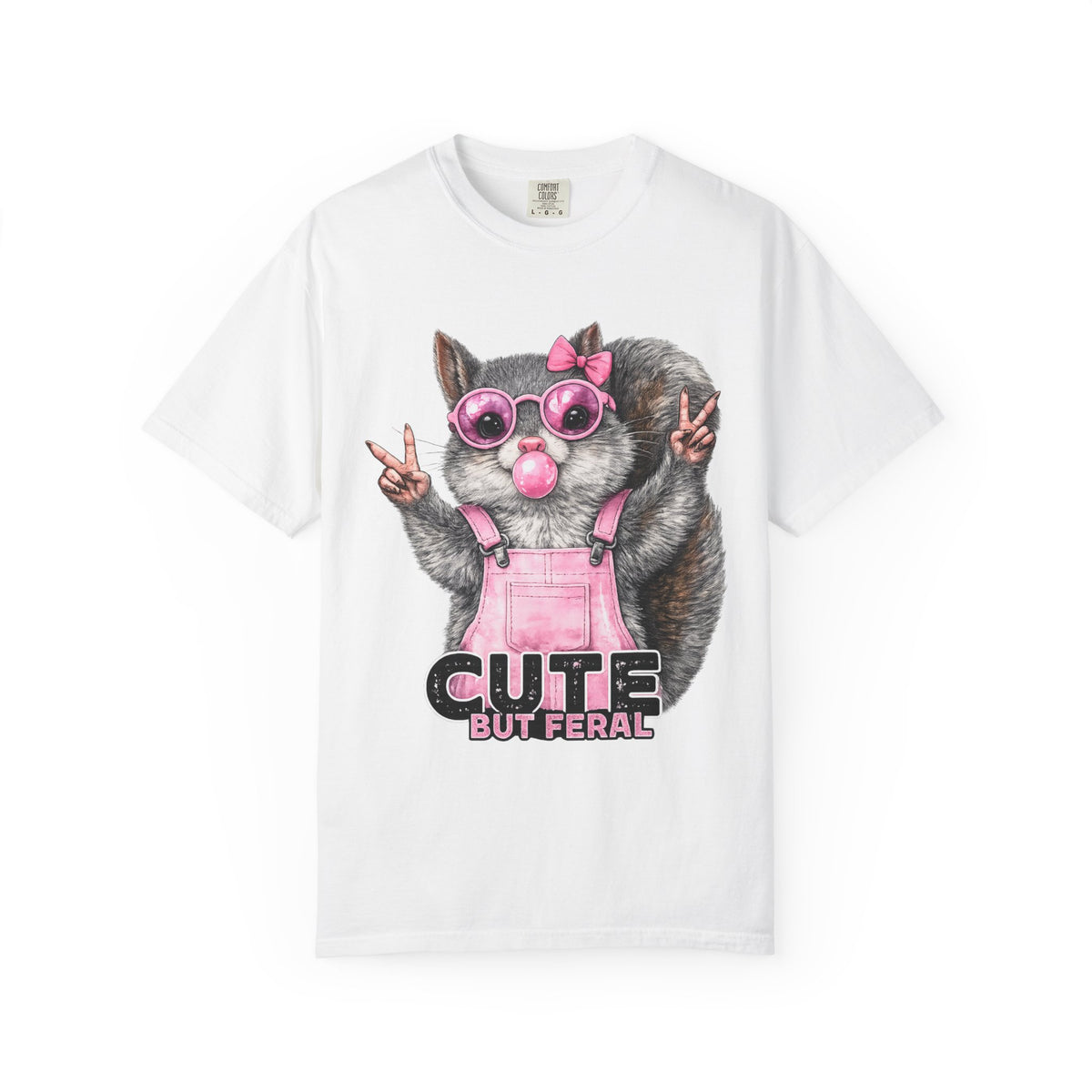 Cute But Feral, Squirrel in Pink Bibs - Comfort Colors | Trendy Women's T-Shirt. Direct to Garment. Printed & Shipped in the USA. Unisex Sizes.