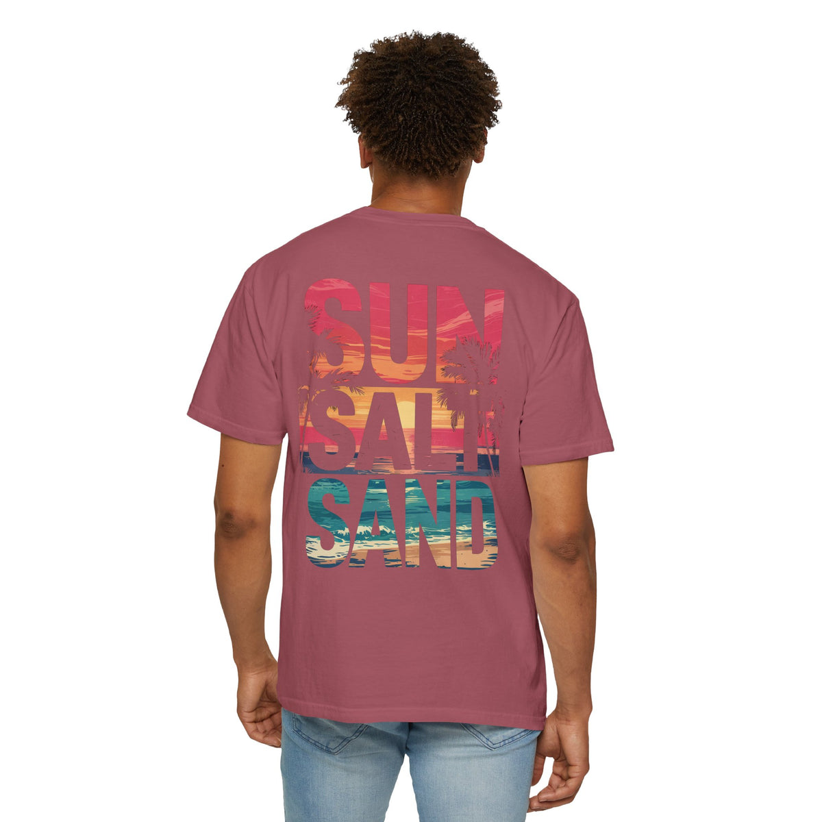Sun Salt Sand, Beach Sunset - Front & Back Print - Comfort Colors | Trendy Women's and Men's T-Shirt. Direct to Garment. Printed & Shipped in the USA. Unisex Sizes.