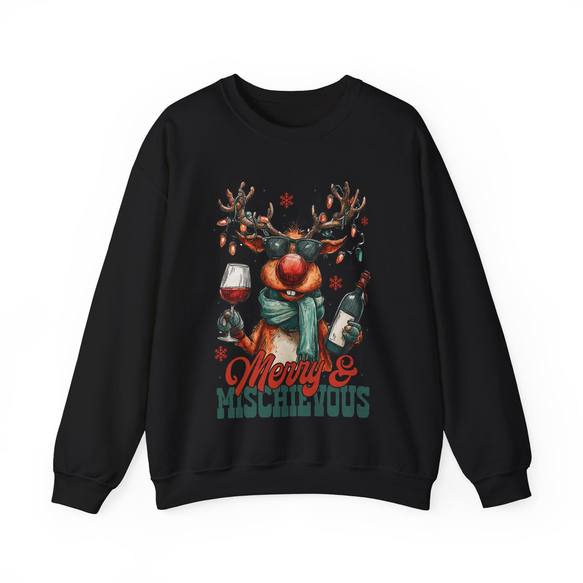 Merry & Mischievous Reindeer – Gildan Heavy Blend | Trendy Women’s and Men's Soft Sweatshirt. Direct to Garment. Printed & Shipped in the USA. Unisex Sizes.