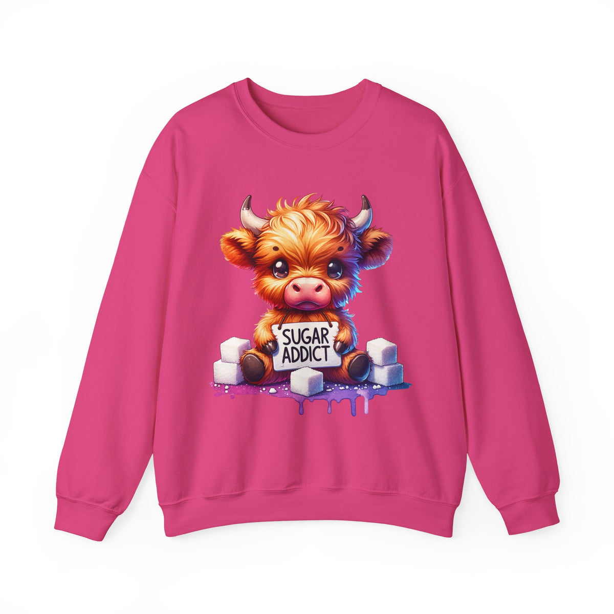 Sugar Addict Highland Cow – Gildan Heavy Blend | Trendy Women’s Soft Sweatshirt. Direct to Garment. Printed & Shipped in the USA. Unisex Sizes.