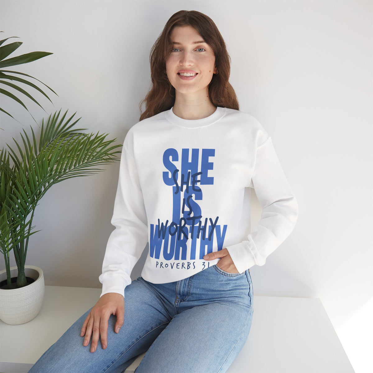 She Is Worthy – Gildan Heavy Blend | Trendy Women’s Soft Sweatshirt. Direct to Garment. Printed & Shipped in the USA. Unisex Sizes.