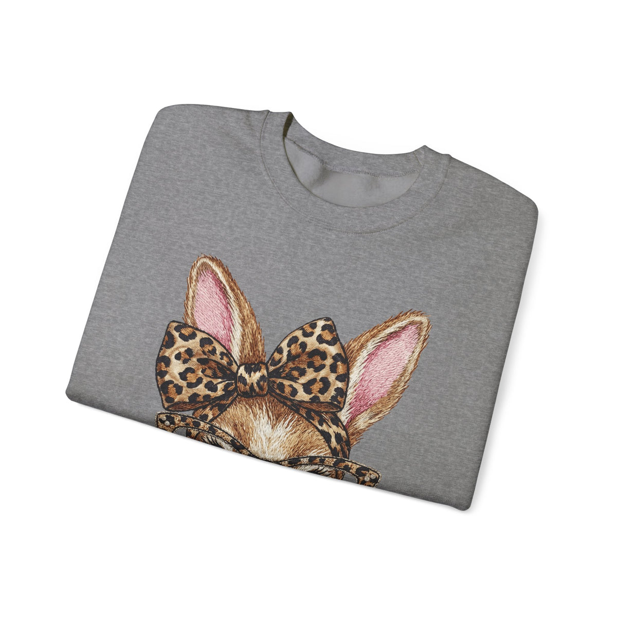 Bunny with Leopard Glasses and Bow – Gildan Heavy Blend | Trendy Women’s Soft Sweatshirt. Direct to Garment. Printed & Shipped in the USA. Unisex Sizes.