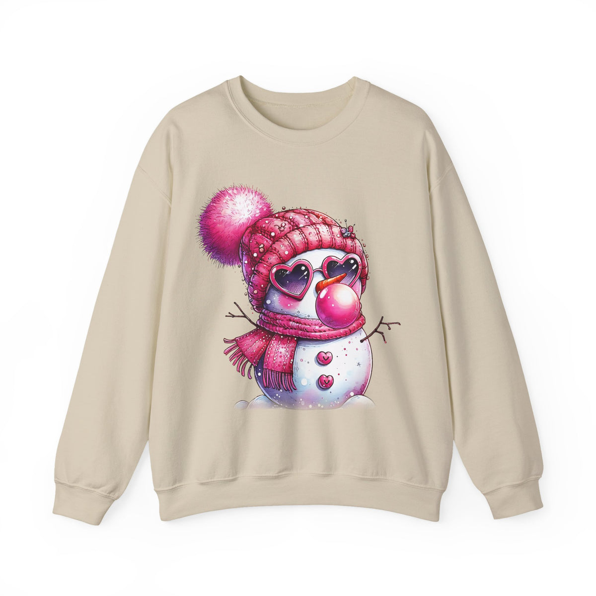 Pink Girly Snowman with Heart Sunglasses and Bubblegum - Winter – Gildan Heavy Blend | Trendy Women’s Soft Sweatshirt. Direct to Garment. Printed & Shipped in the USA. Unisex Sizes.