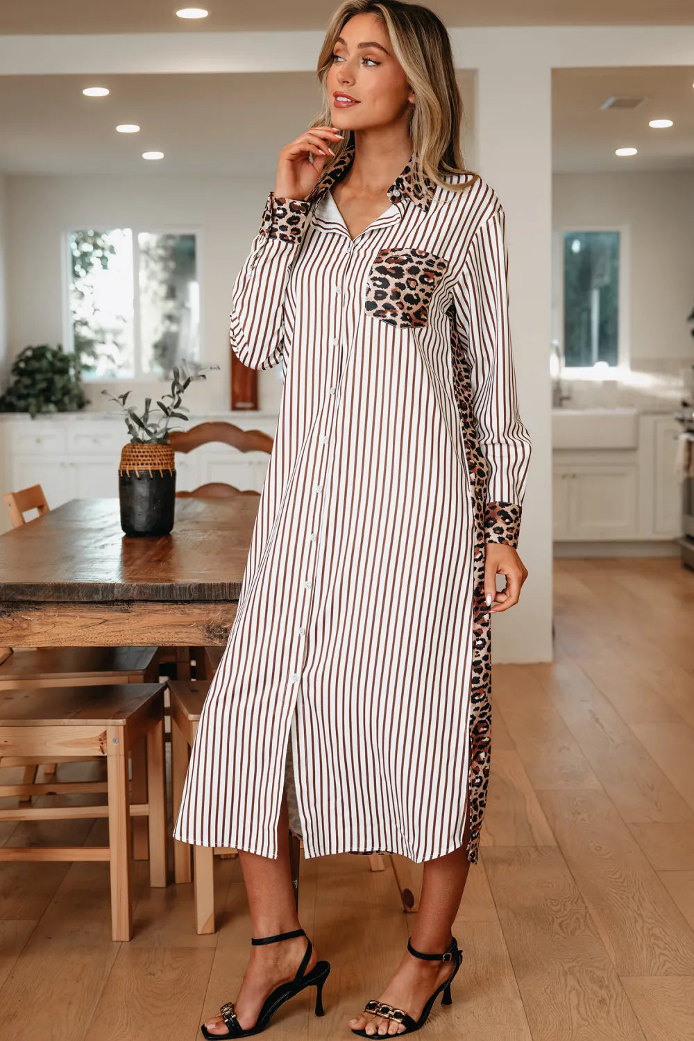 Brown & White Striped and Leopard Print Shirt Dress with Pockets