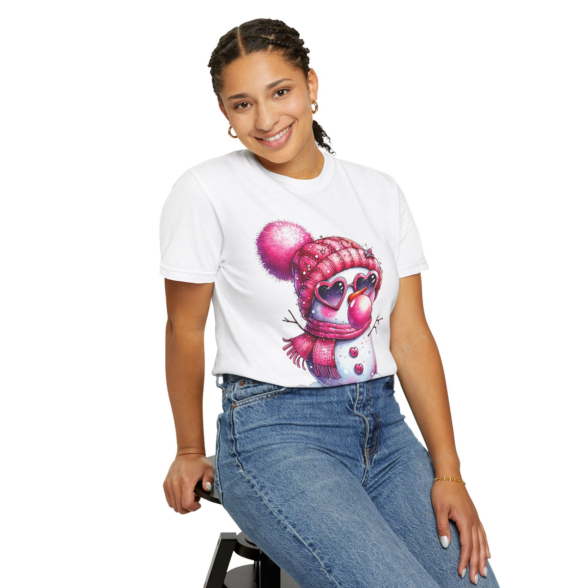 Pink Girly Snowman with Heart Sunglasses and Bubblegum Winter - Comfort Colors | Trendy Women's T-Shirt. Direct to Garment. Printed & Shipped in the USA. Unisex Sizes.