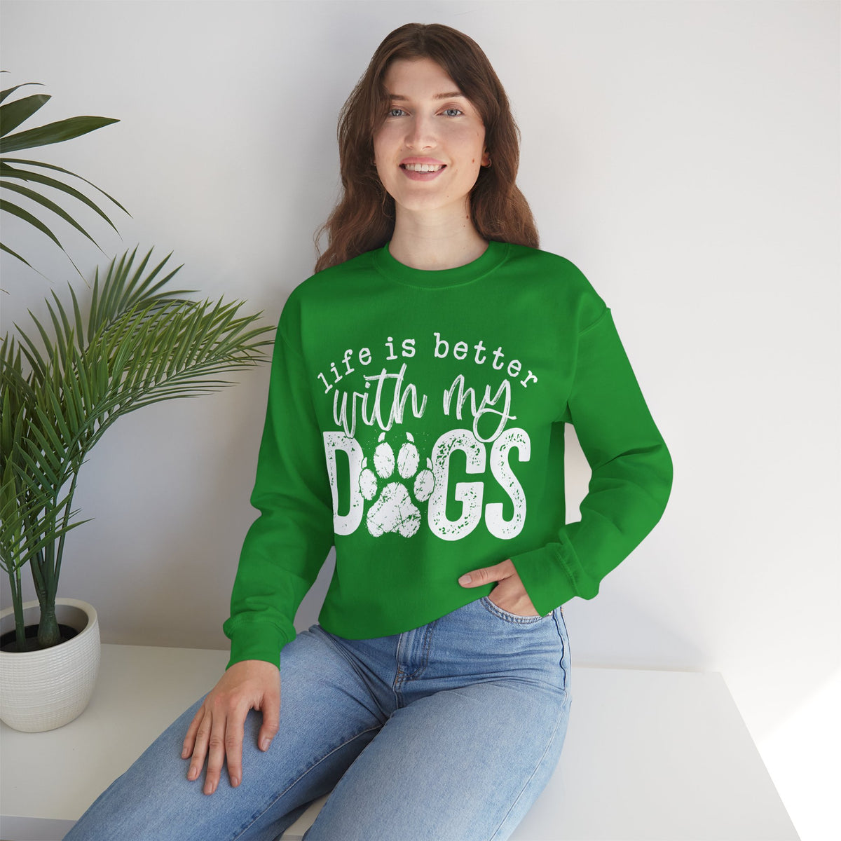 Life Is Better With My Dogs, Distressed – Gildan Heavy Blend | Trendy Women’s and Men's Soft Sweatshirt. Direct to Garment. Printed & Shipped in the USA. Unisex Sizes.