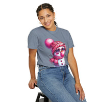 Pink Girly Snowman with Heart Sunglasses and Bubblegum Winter - Comfort Colors | Trendy Women's T-Shirt. Direct to Garment. Printed & Shipped in the USA. Unisex Sizes.