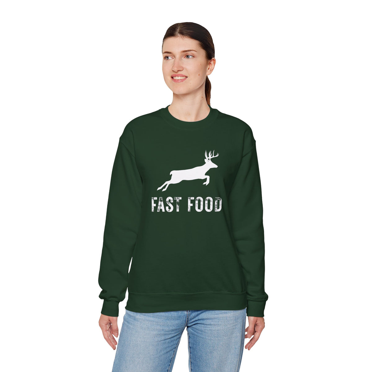 Fast Food Deer Hunting Humor Distressed – Gildan Heavy Blend | Trendy Men's and Women’s Soft Sweatshirt. Direct to Garment. Printed & Shipped in the USA. Unisex Sizes.